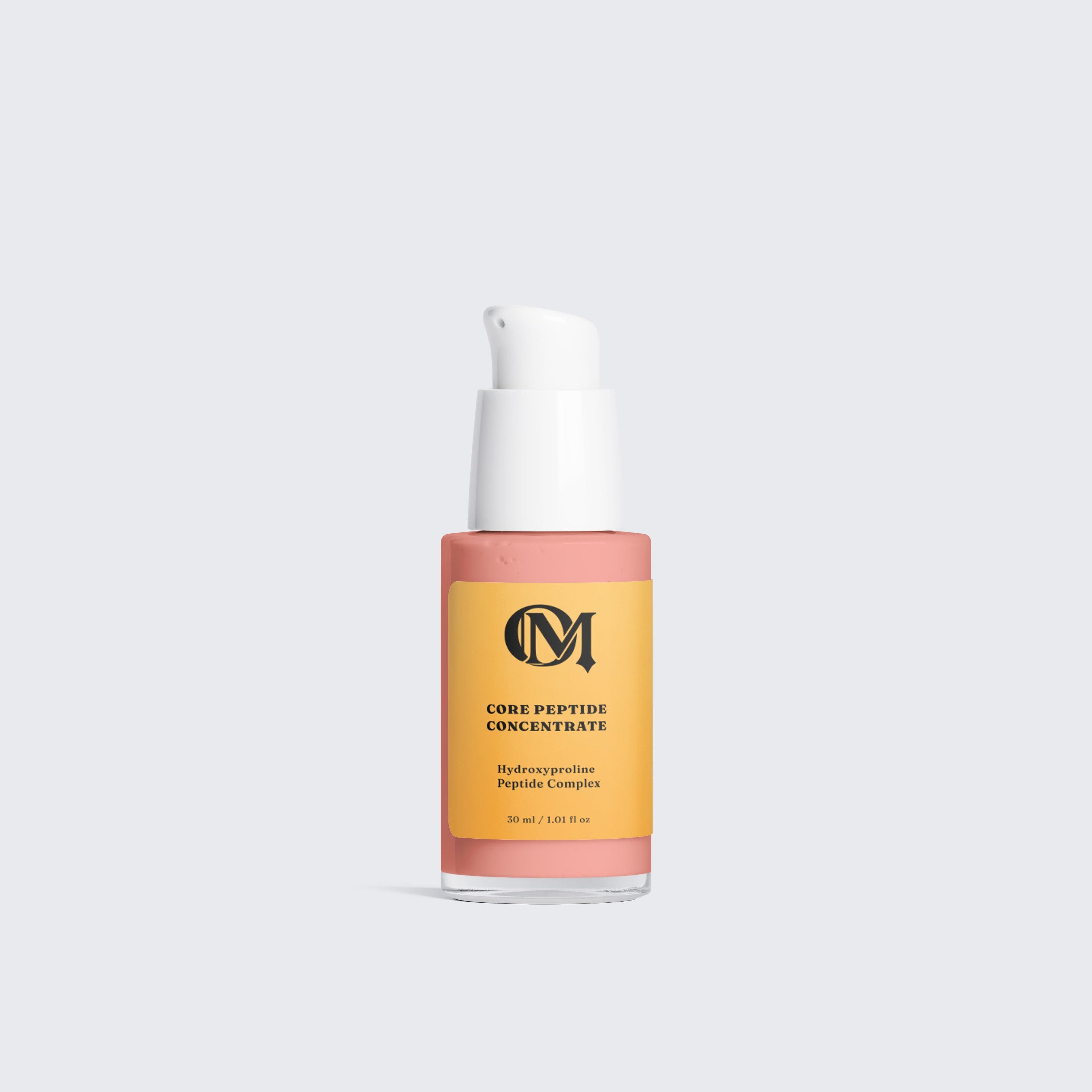 Skincare serum bottle with 'peptide' branding on a light gray background