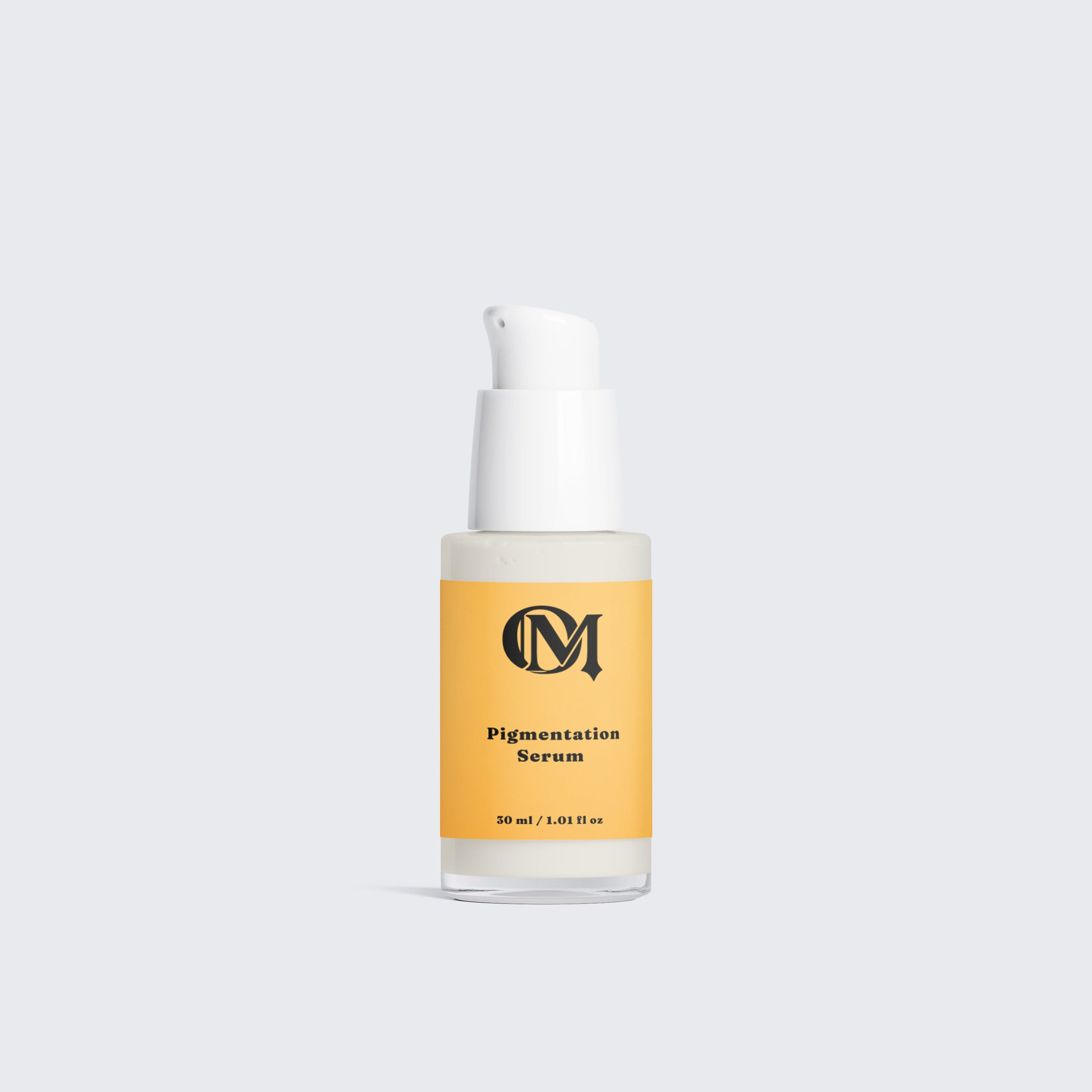 A small pump bottle of pigmentation serum with a white pump and a mustard-yellow label, centered on a light gray background.
