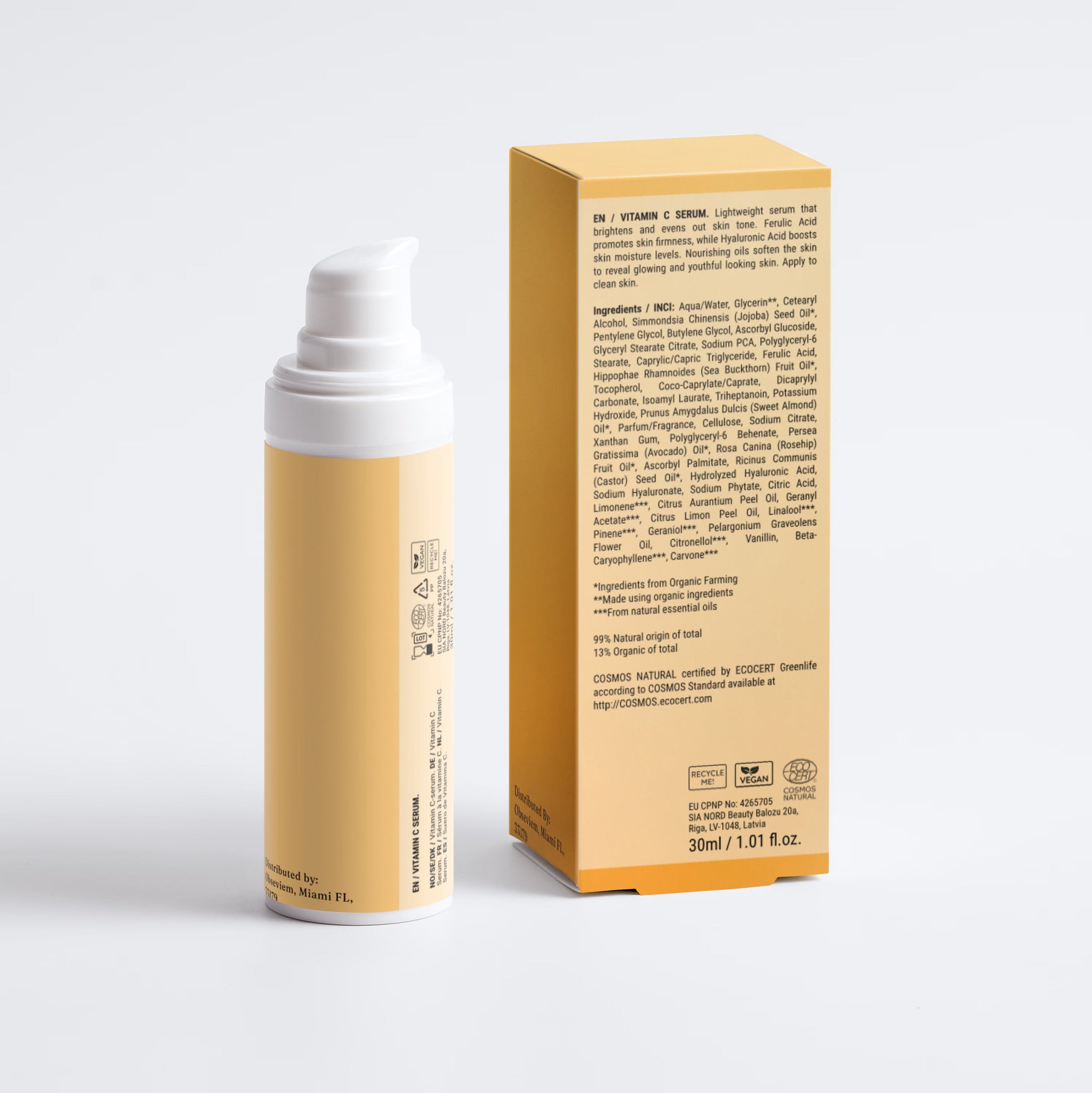 A 20ml pump bottle and its matching product box for a skincare cream, both in a warm beige color with white text, set against a clean white background.