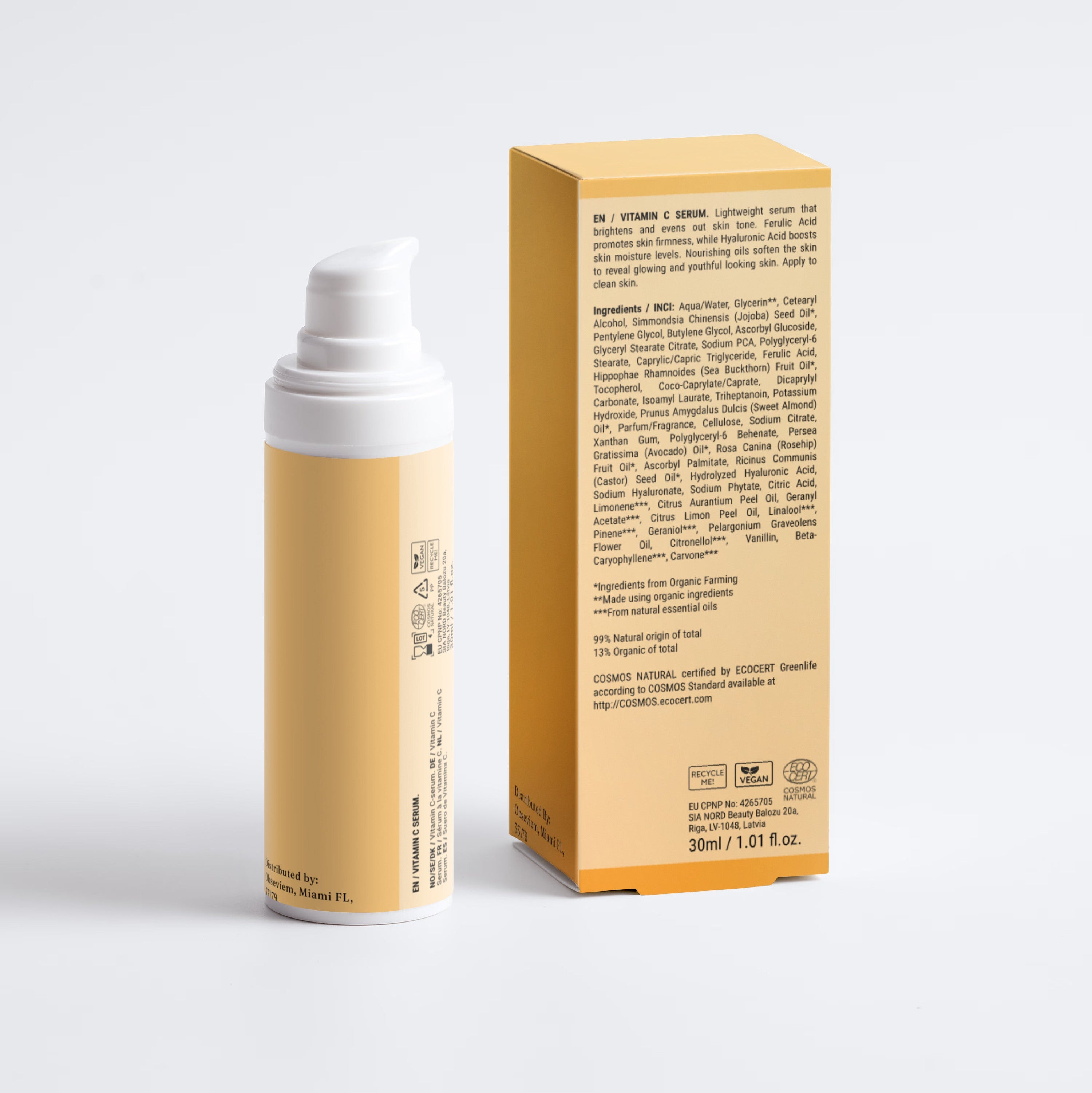 A 20ml pump bottle and its matching product box for a skincare cream, both in a warm beige color with white text, set against a clean white background.