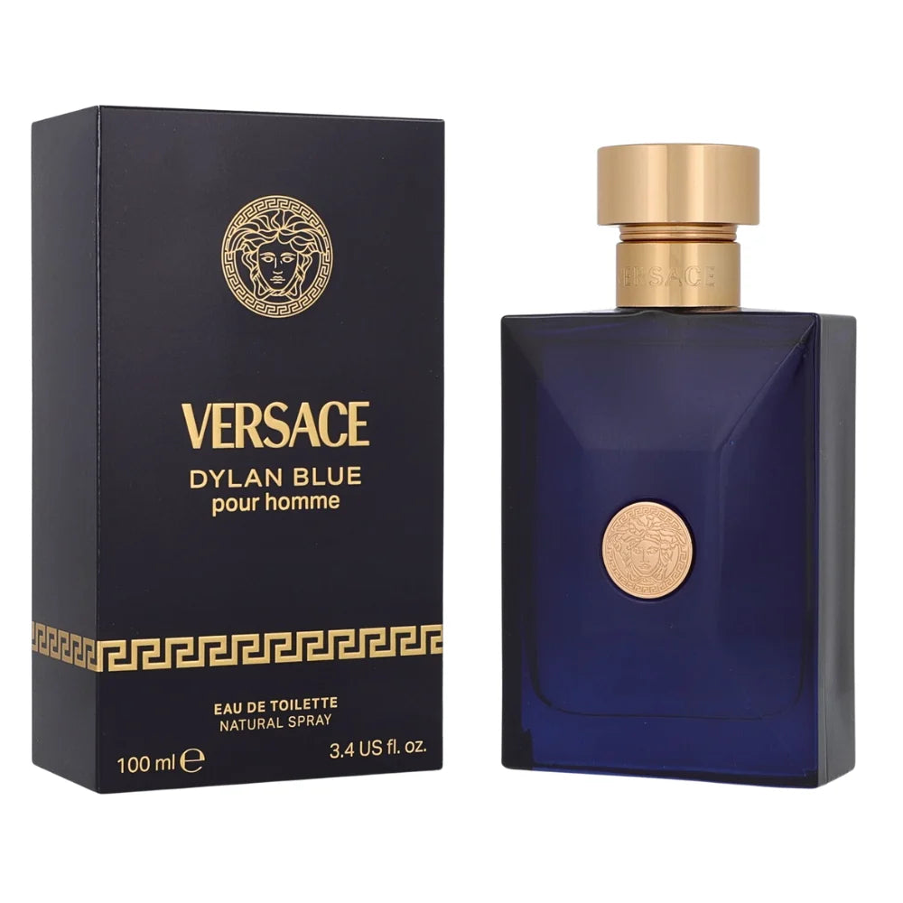 Versace Dylan Blue pour homme perfume bottle and packaging on a white background