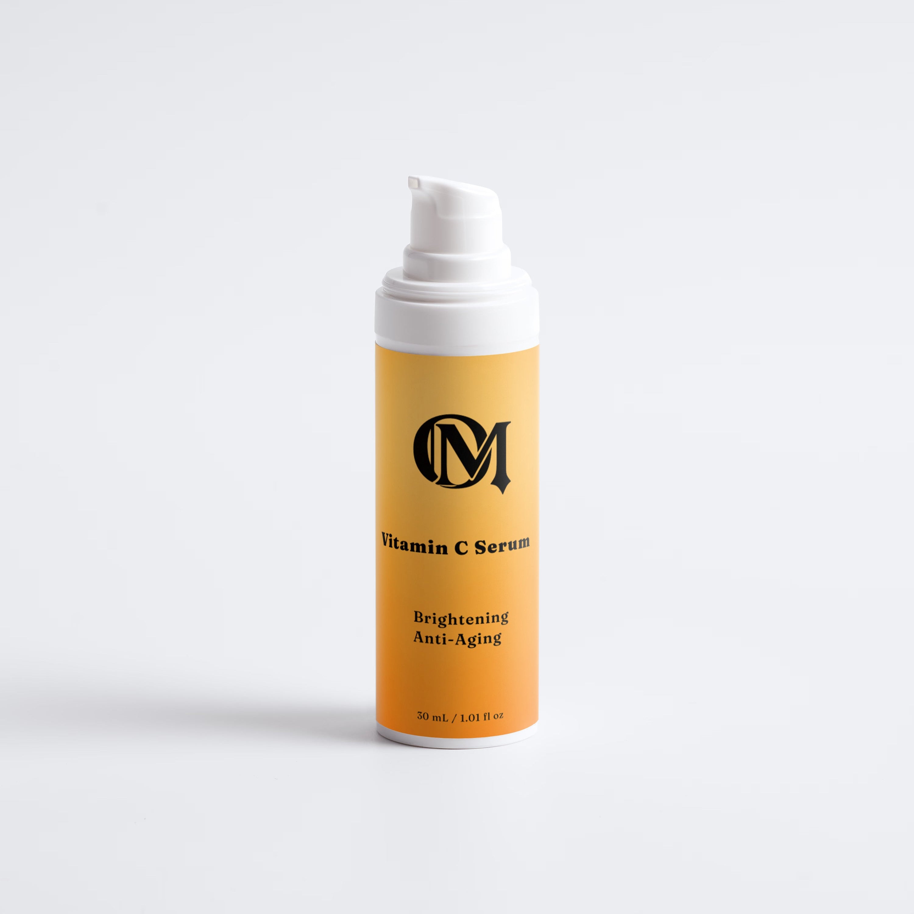 A single pump bottle of Vitamin C Serum with a white cap and a warm orange-yellow label, centered on a clean white background.