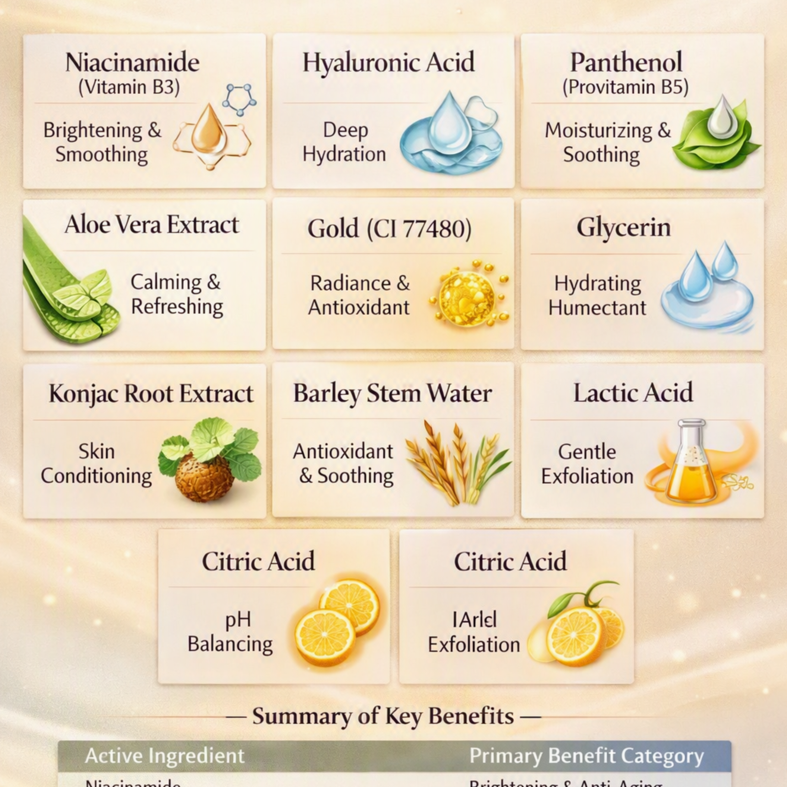 An infographic detailing skincare ingredients and their benefits, featuring a grid of ingredient names with corresponding icons (such as Aloe Vera, Niacinamide, and Hyaluronic Acid) and a summary table at the bottom listing active ingredients and primary benefit categories.